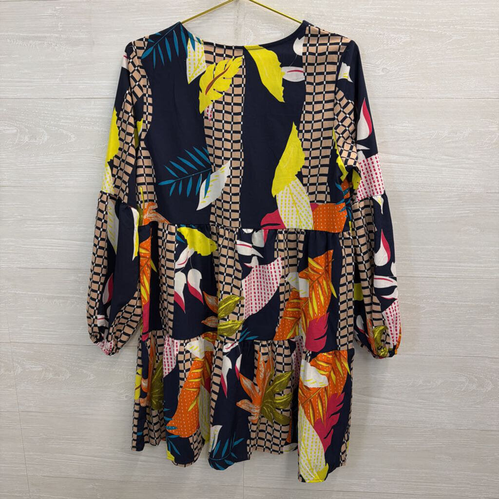 Navy/ Multi Print Long Sleeve Dress Medium