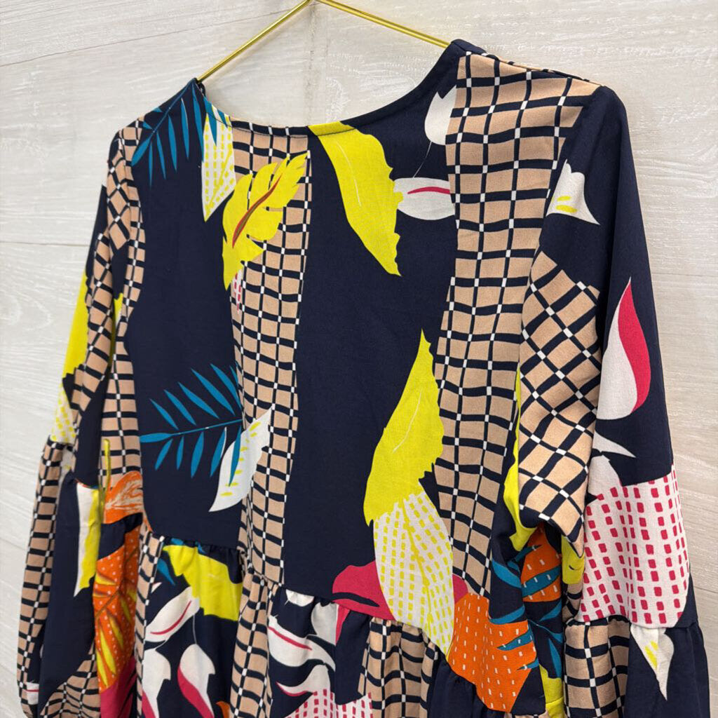 Navy/ Multi Print Long Sleeve Dress Medium