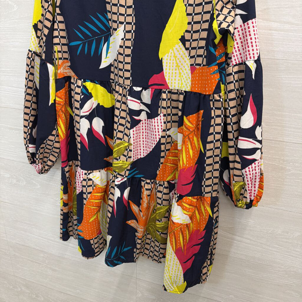 Navy/ Multi Print Long Sleeve Dress Medium
