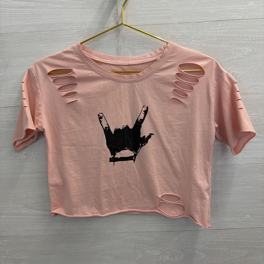 Pink Cropped Distressed Short Sleeve Graphic Tee Small