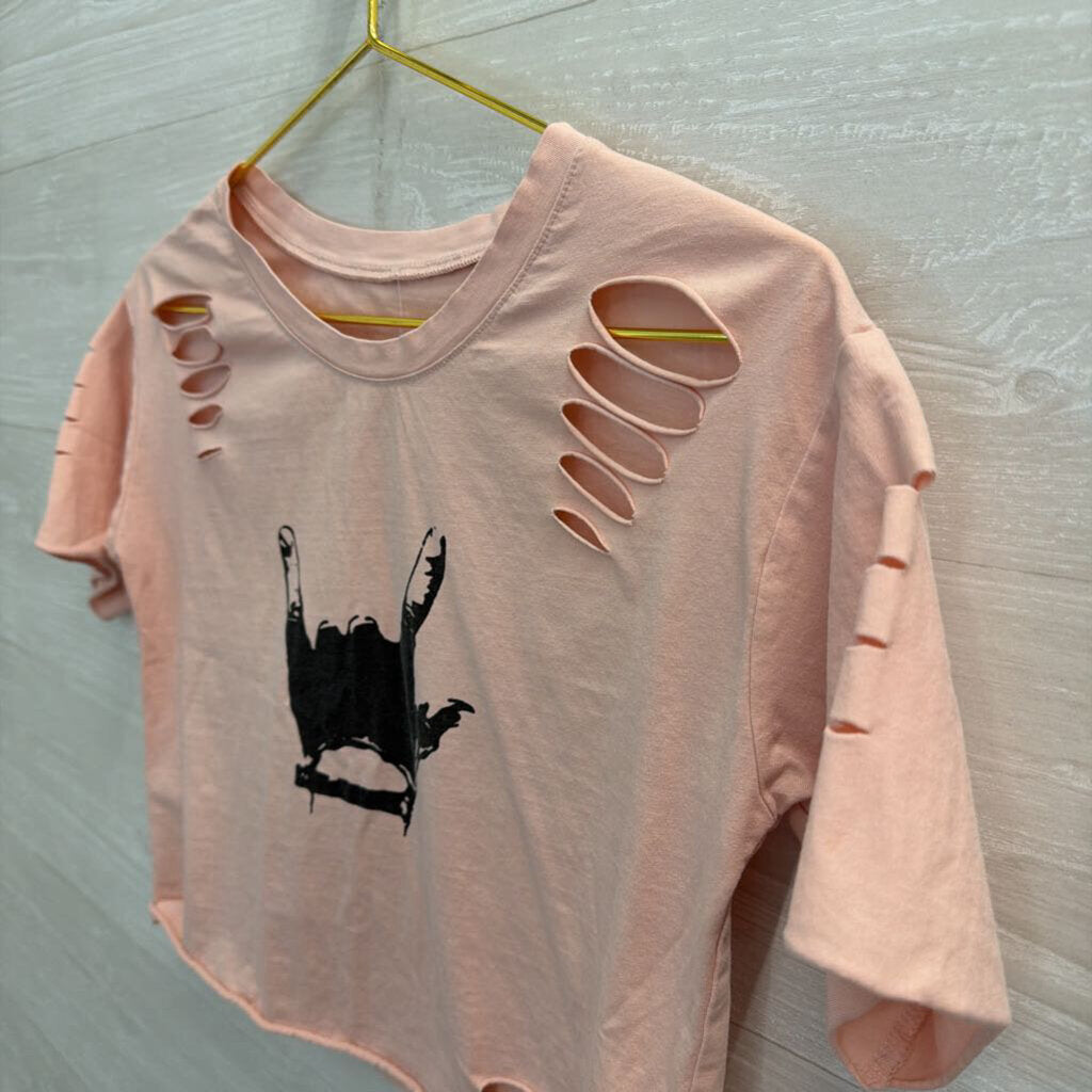 Pink Cropped Distressed Short Sleeve Graphic Tee Small