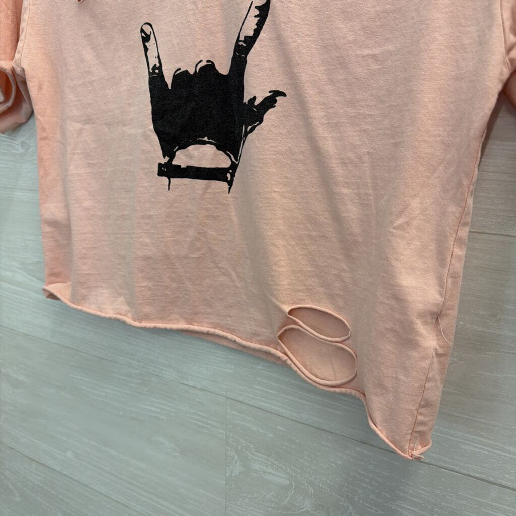 Pink Cropped Distressed Short Sleeve Graphic Tee Small