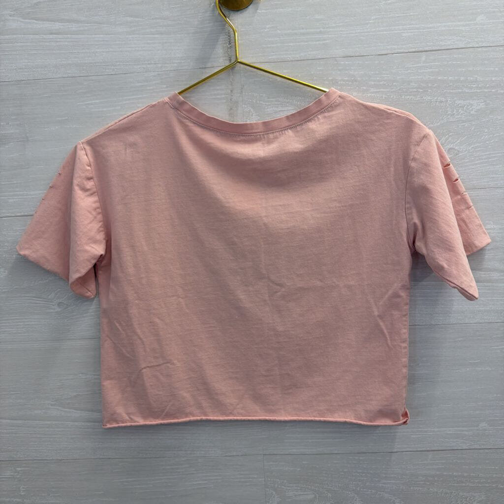 Pink Cropped Distressed Short Sleeve Graphic Tee Small