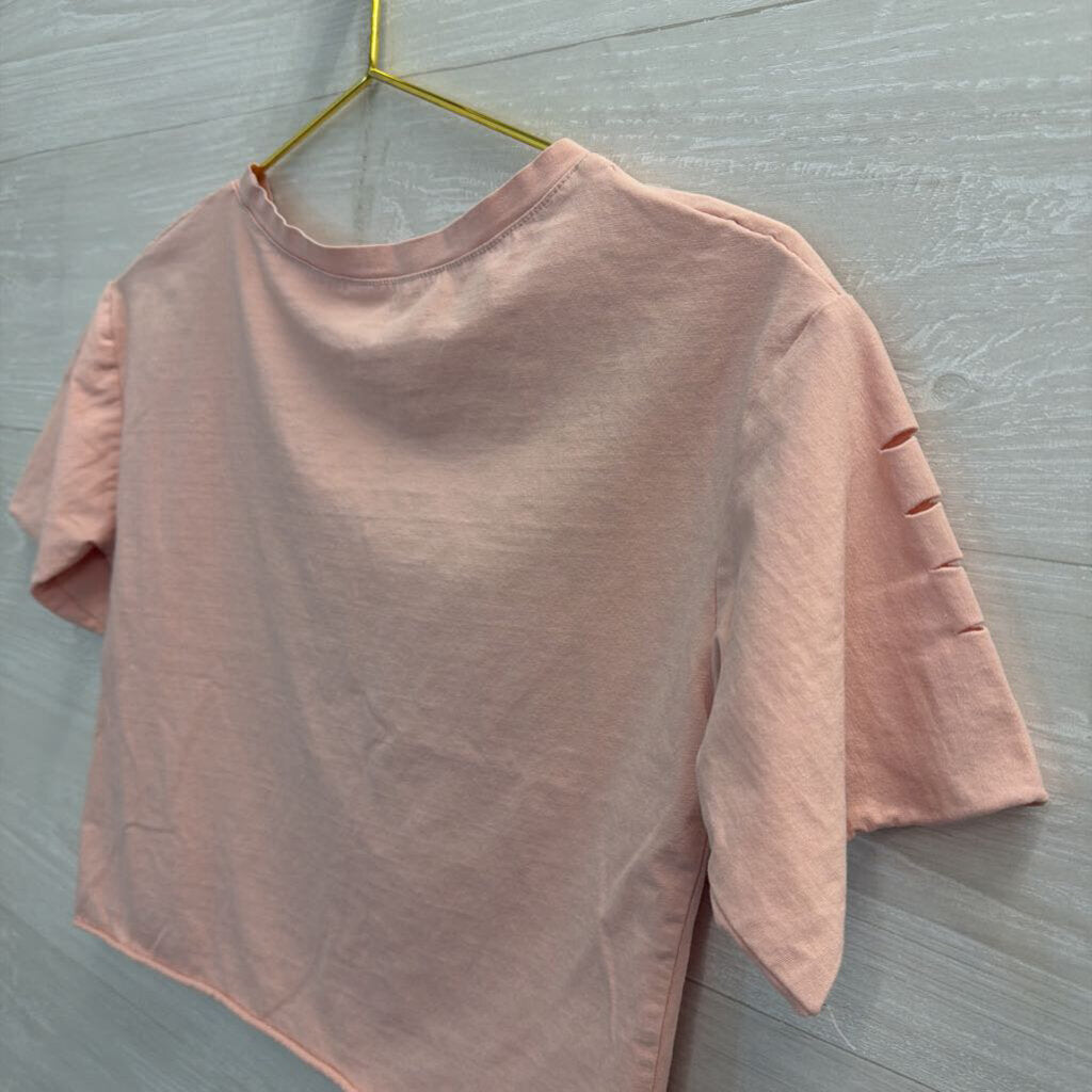 Pink Cropped Distressed Short Sleeve Graphic Tee Small
