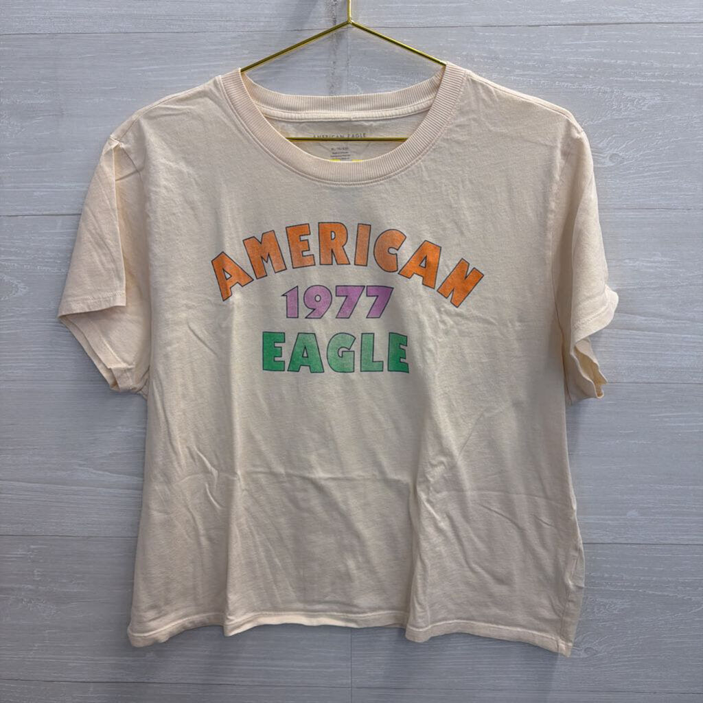 American Eagle Beige/ Multi Retro Logo Cropped Short Sleeve Tee Extra Large