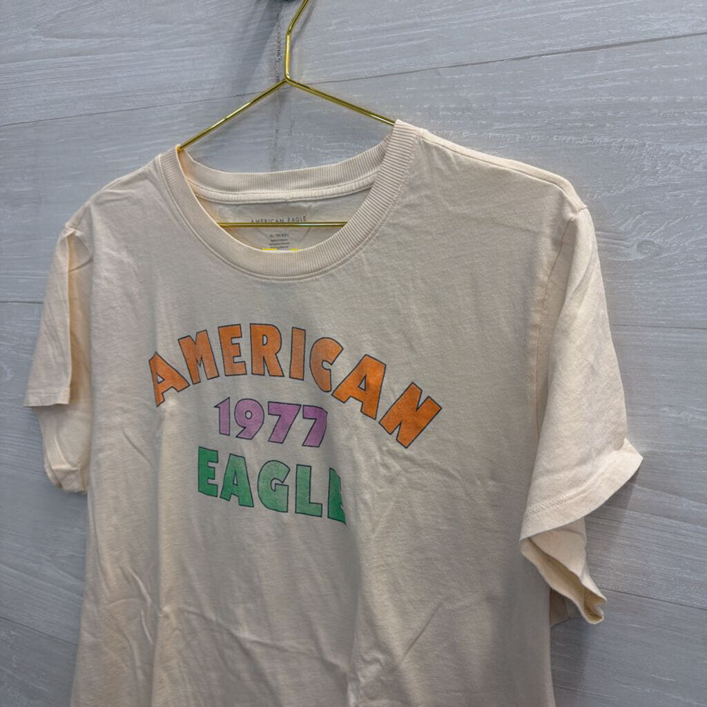 American Eagle Beige/ Multi Retro Logo Cropped Short Sleeve Tee Extra Large