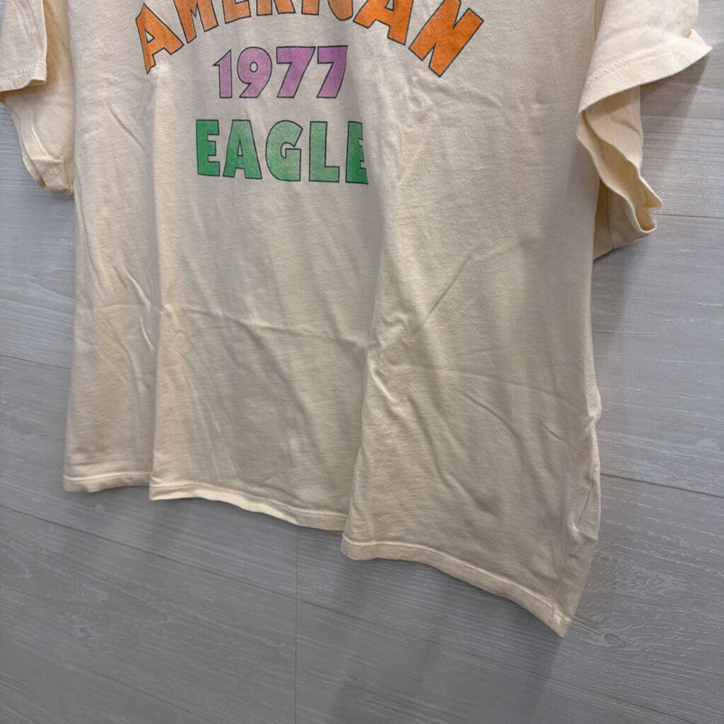 American Eagle Beige/ Multi Retro Logo Cropped Short Sleeve Tee Extra Large