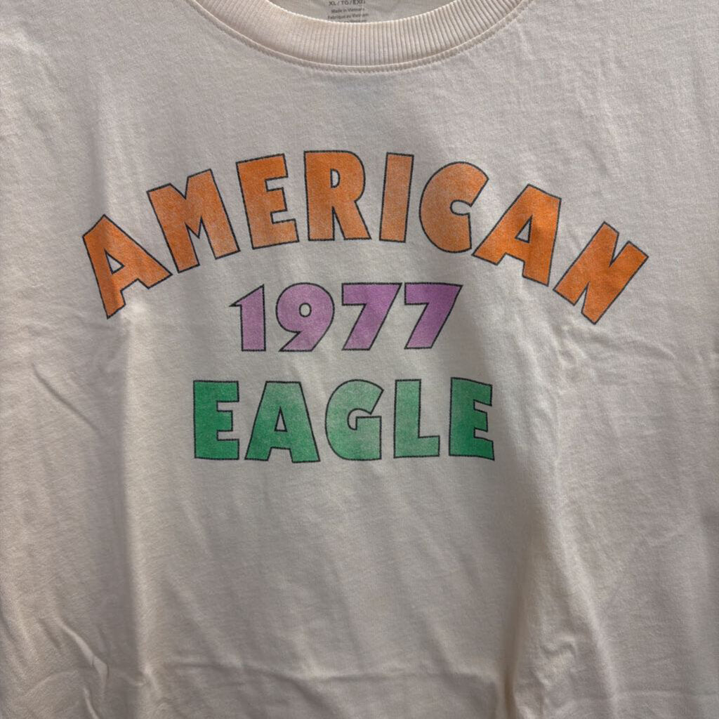 American Eagle Beige/ Multi Retro Logo Cropped Short Sleeve Tee Extra Large