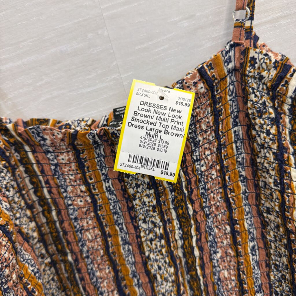 New Look Brown/ Multi Print Smocked Top Maxi Dress Large