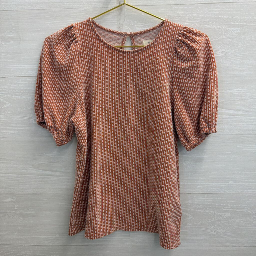 Madewell Orange/ White Print Short Puff Sleeve Top Small