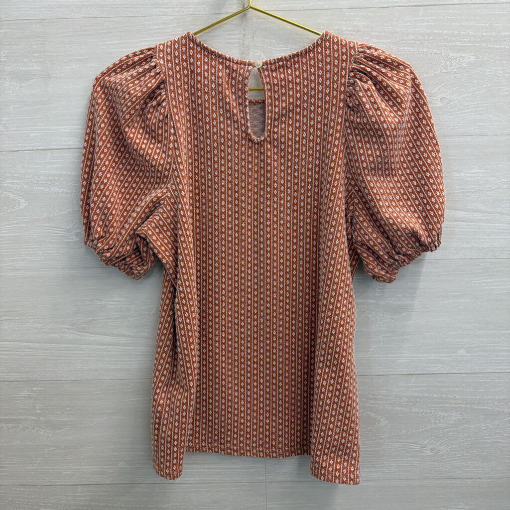 Madewell Orange/ White Print Short Puff Sleeve Top Small