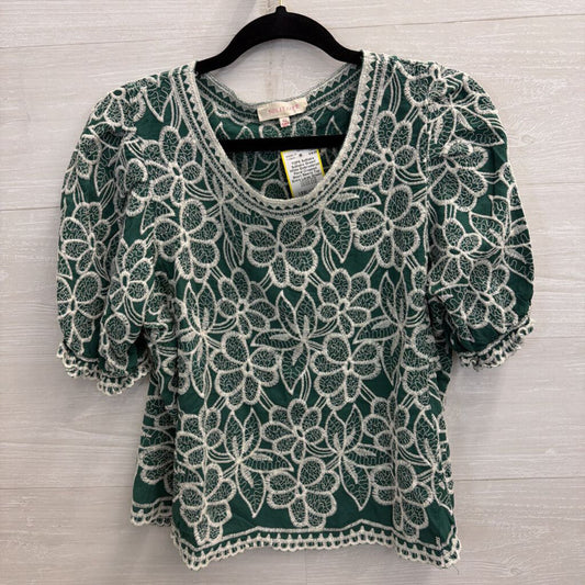 Solitaire Green/ White Embroidered Floral Cropped Short Sleeve Top Extra Large