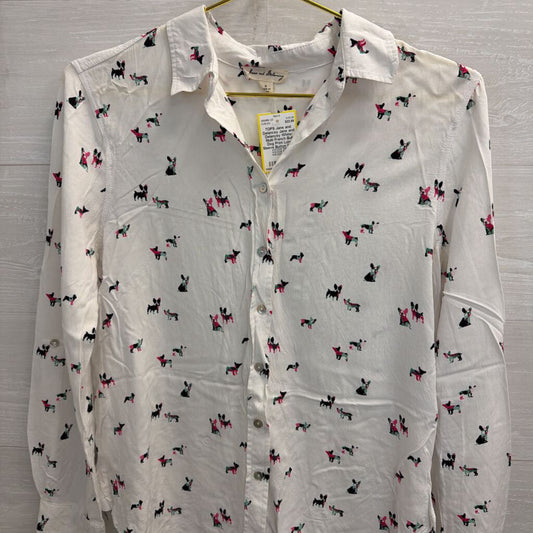 Jane and Delancey White/ Multi French Bull Dog Print Long Sleeve Button Down Top Small