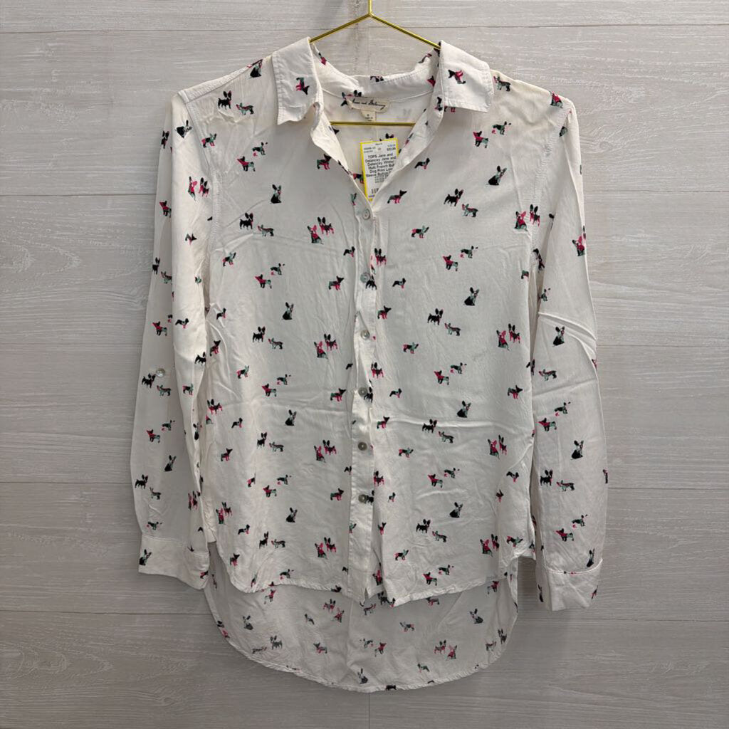 Jane and Delancey White/ Multi French Bull Dog Print Long Sleeve Button Down Top Small