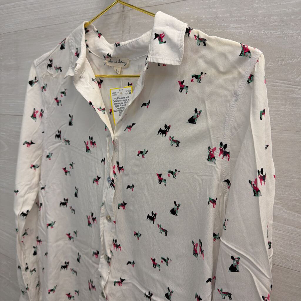 Jane and Delancey White/ Multi French Bull Dog Print Long Sleeve Button Down Top Small