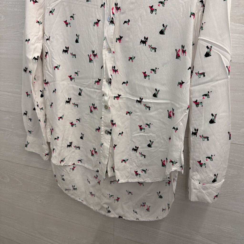 Jane and Delancey White/ Multi French Bull Dog Print Long Sleeve Button Down Top Small