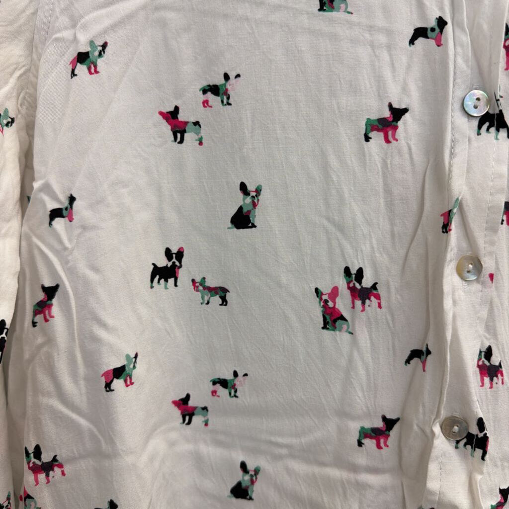 Jane and Delancey White/ Multi French Bull Dog Print Long Sleeve Button Down Top Small