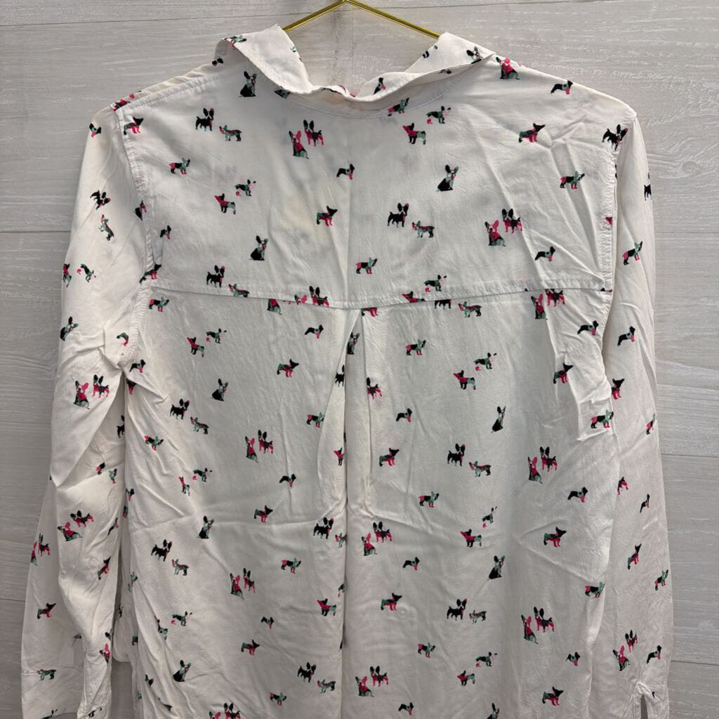 Jane and Delancey White/ Multi French Bull Dog Print Long Sleeve Button Down Top Small
