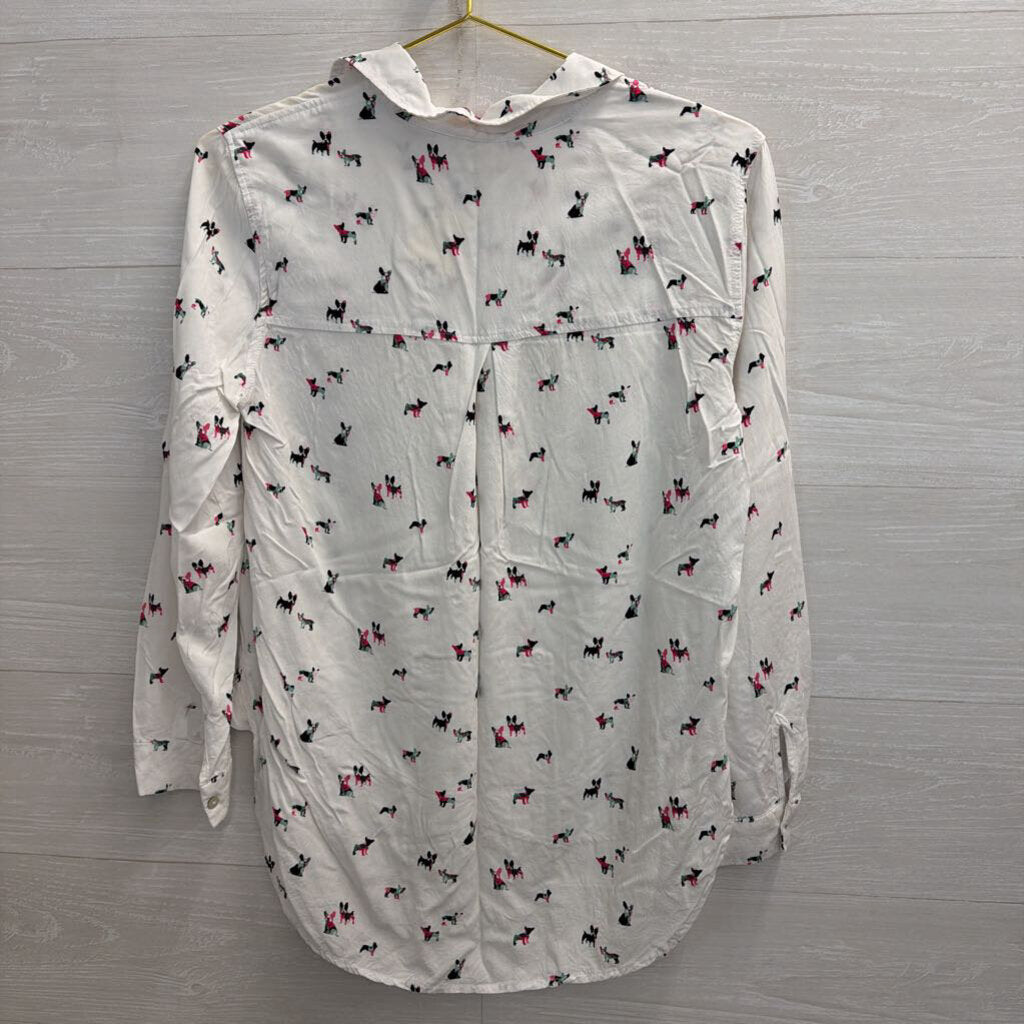 Jane and Delancey White/ Multi French Bull Dog Print Long Sleeve Button Down Top Small