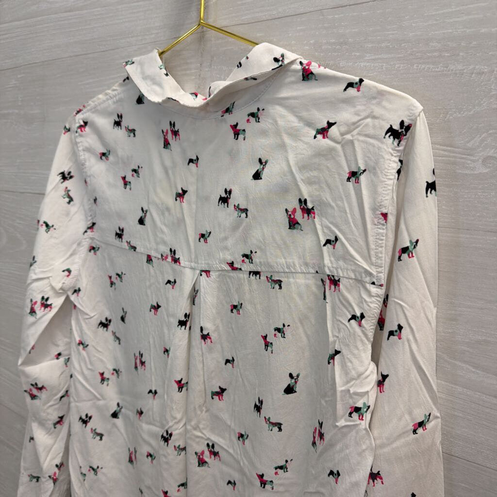 Jane and Delancey White/ Multi French Bull Dog Print Long Sleeve Button Down Top Small