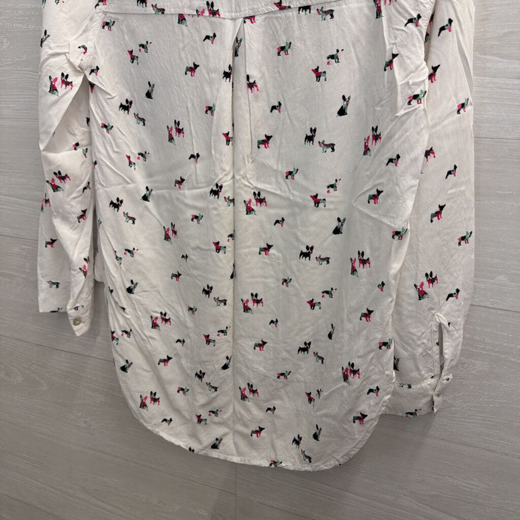 Jane and Delancey White/ Multi French Bull Dog Print Long Sleeve Button Down Top Small