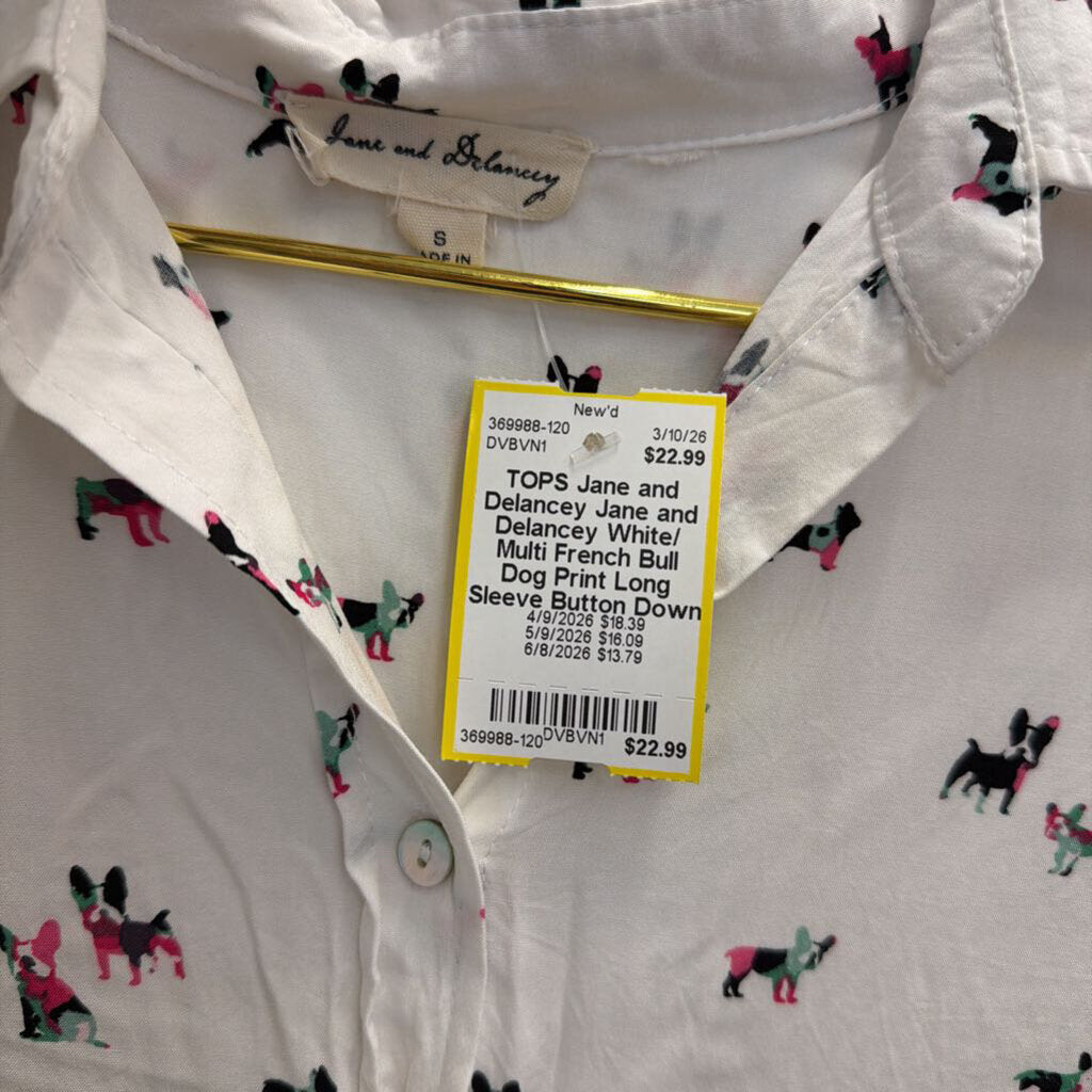 Jane and Delancey White/ Multi French Bull Dog Print Long Sleeve Button Down Top Small