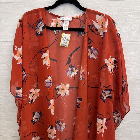 Emory Park Orange/ Multi Print Sheer Kimono Top Medium