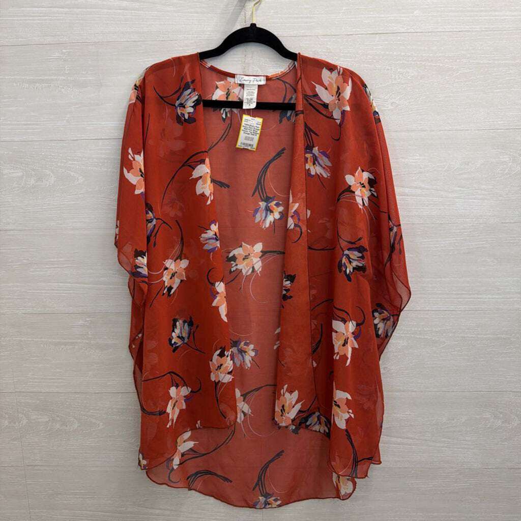 Emory Park Orange/ Multi Print Sheer Kimono Top Medium