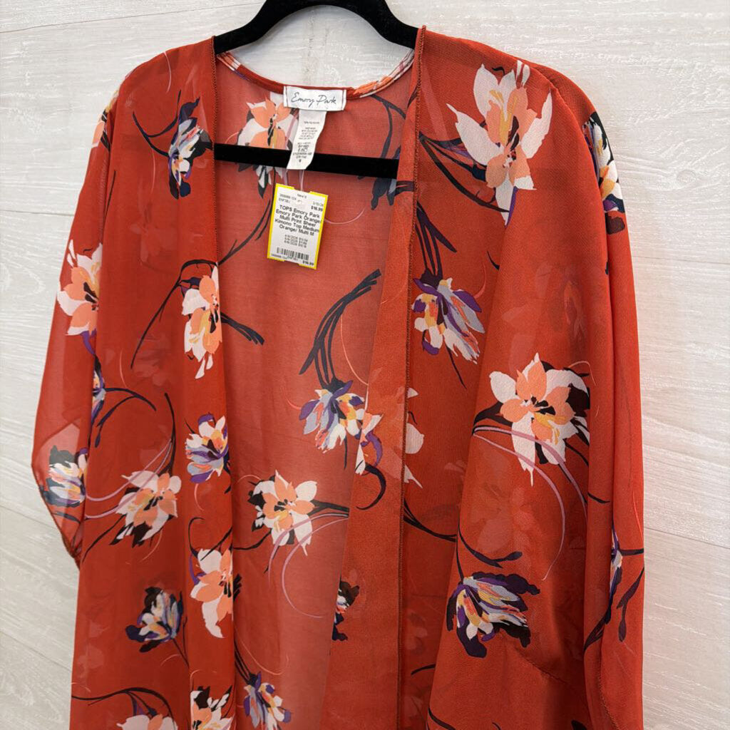 Emory Park Orange/ Multi Print Sheer Kimono Top Medium