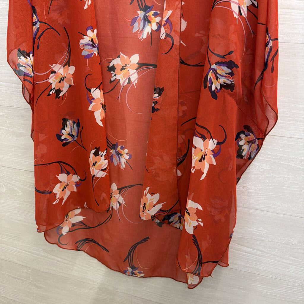 Emory Park Orange/ Multi Print Sheer Kimono Top Medium