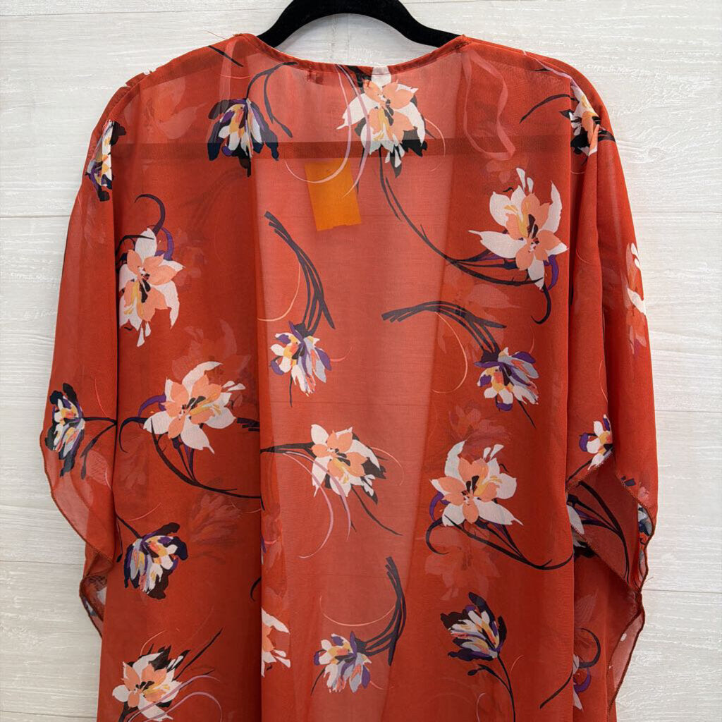Emory Park Orange/ Multi Print Sheer Kimono Top Medium