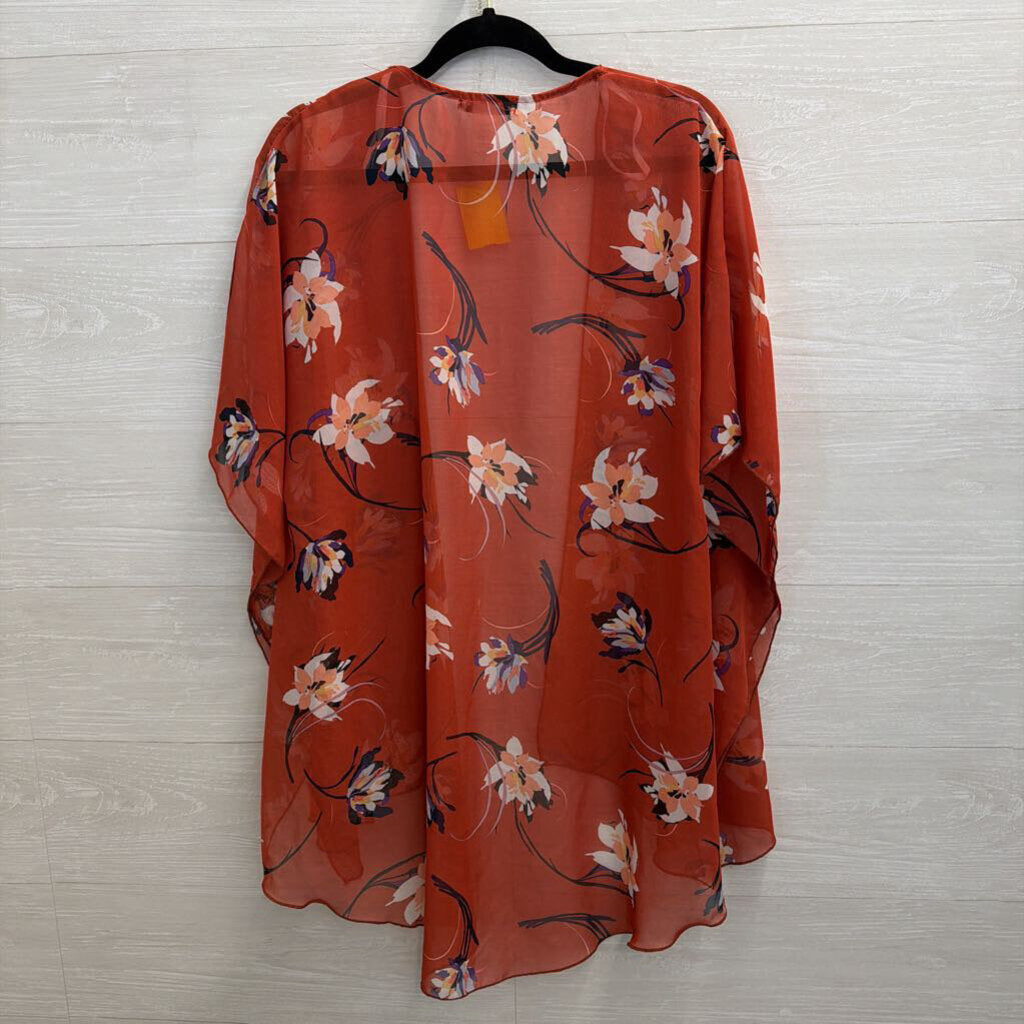 Emory Park Orange/ Multi Print Sheer Kimono Top Medium