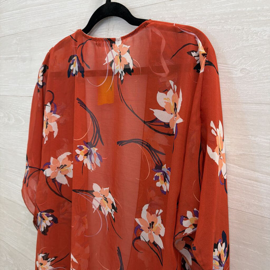 Emory Park Orange/ Multi Print Sheer Kimono Top Medium