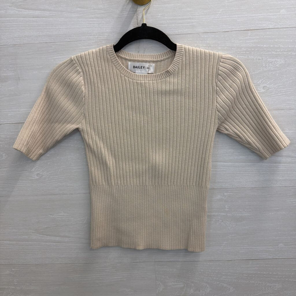 Bailey 44 Beige Ribbed Cropped Short Sleeve Top Extra Small