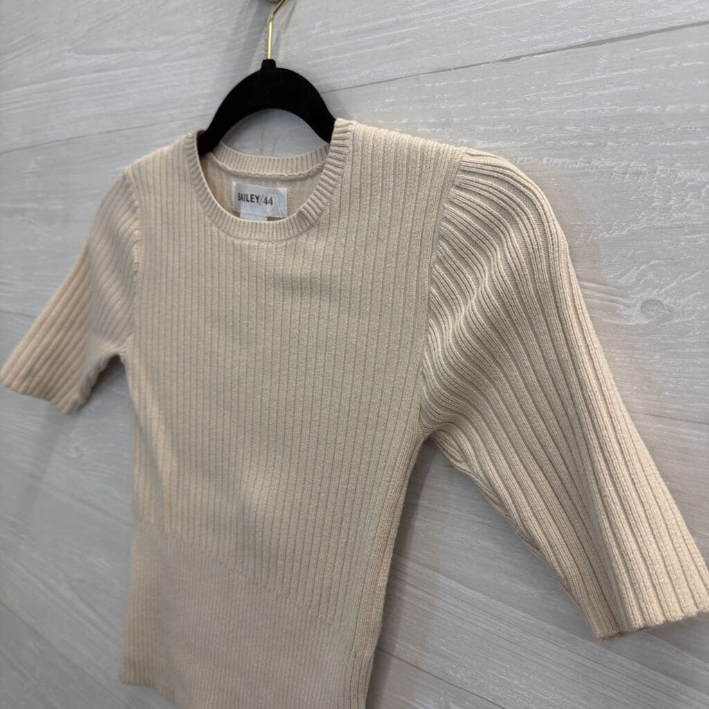 Bailey 44 Beige Ribbed Cropped Short Sleeve Top Extra Small