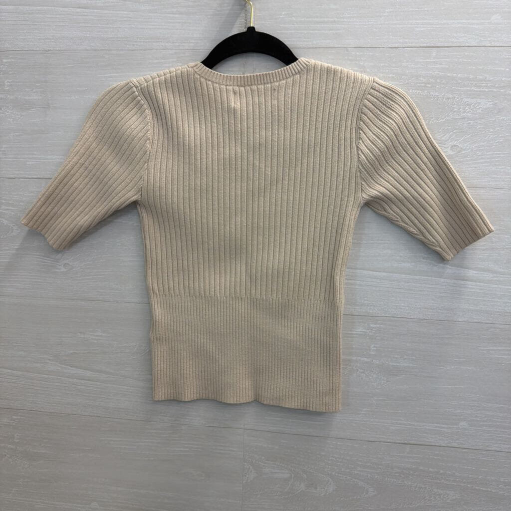 Bailey 44 Beige Ribbed Cropped Short Sleeve Top Extra Small