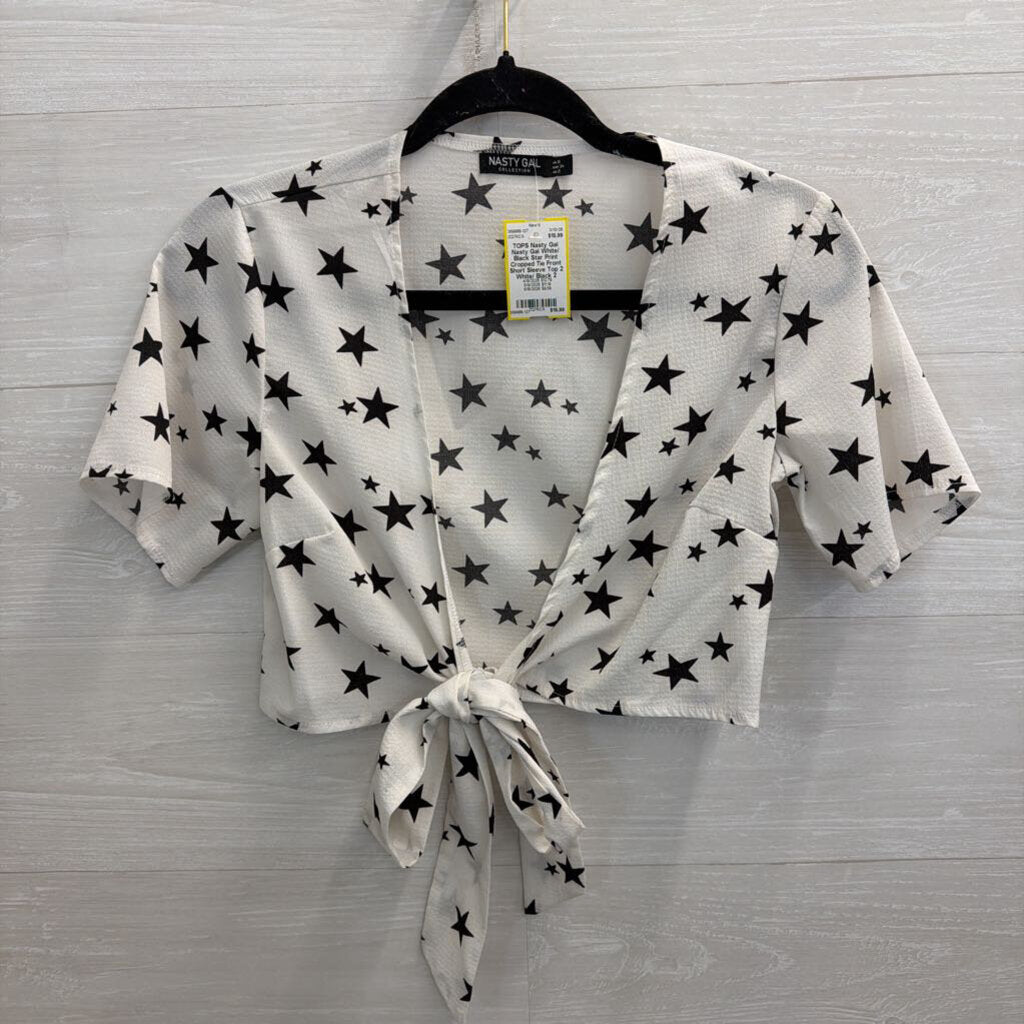 Nasty Gal White/ Black Star Print Cropped Tie Front Short Sleeve Top 2