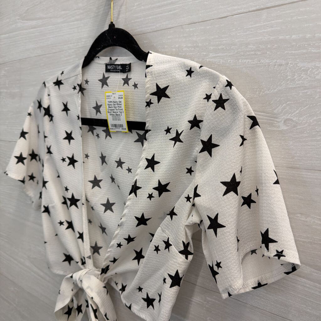 Nasty Gal White/ Black Star Print Cropped Tie Front Short Sleeve Top 2