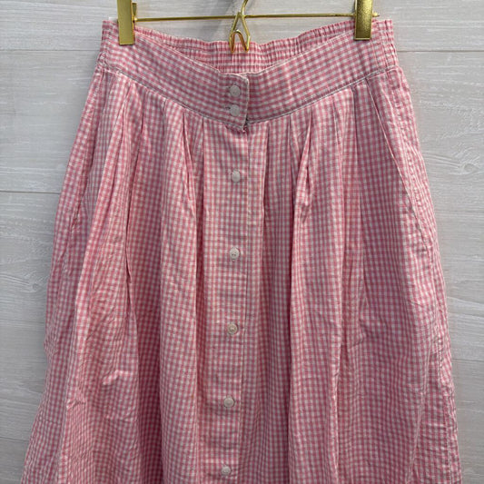 Vintage Karen Scott Pink/ White Gingham Print Button Front Midi Skirt Small