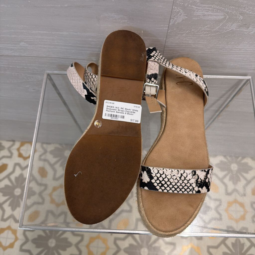 INC Black/ White Snakeskin Straps Espadrille Platform Sandals 8