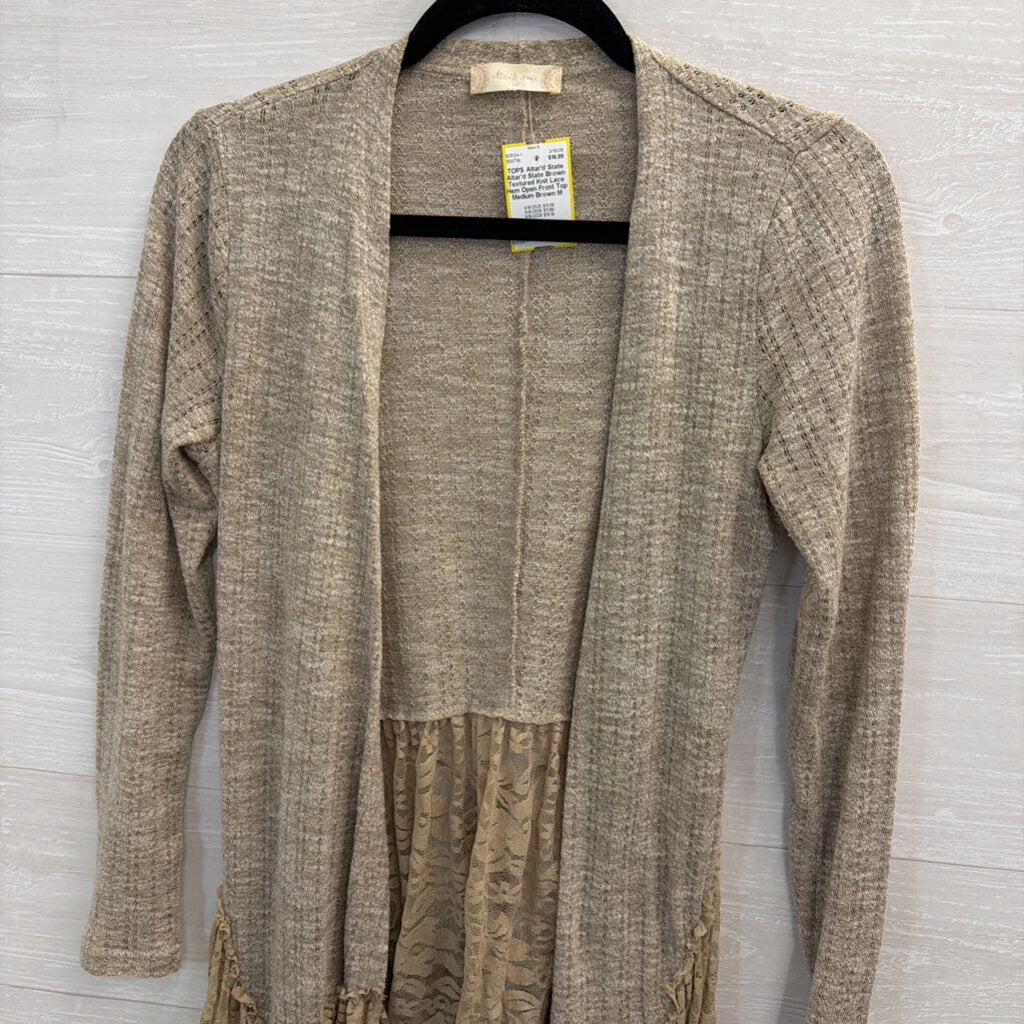 Altar'd State Brown Textured Knit Lace Hem Open Front Top Medium