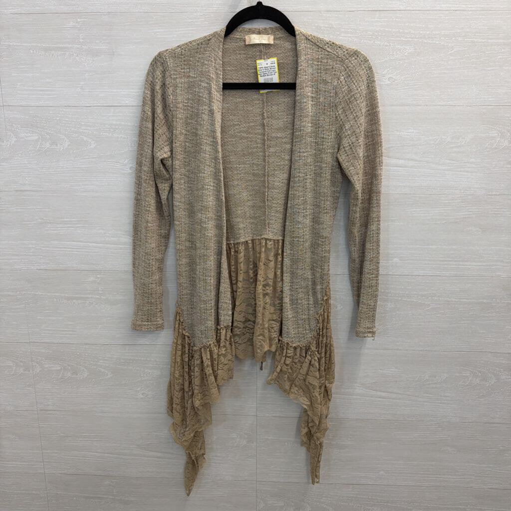 Altar'd State Brown Textured Knit Lace Hem Open Front Top Medium