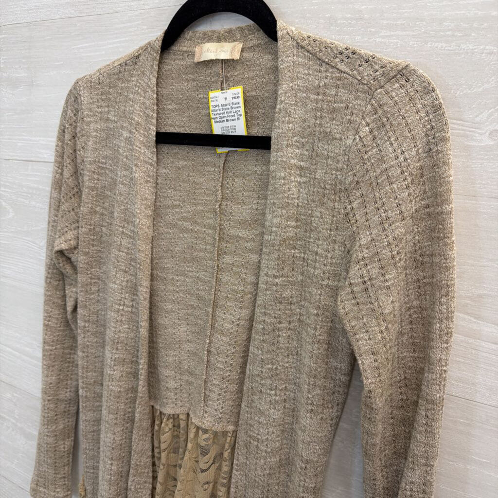 Altar'd State Brown Textured Knit Lace Hem Open Front Top Medium