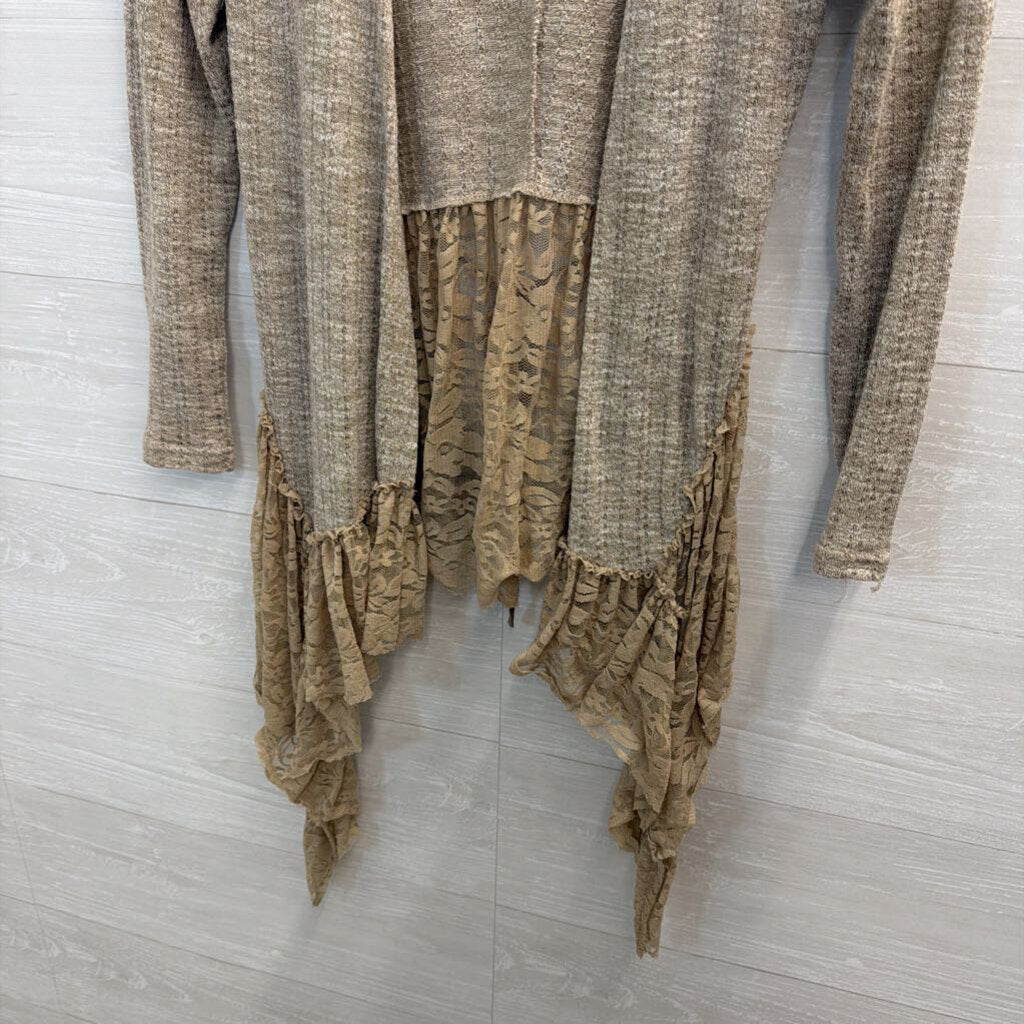 Altar'd State Brown Textured Knit Lace Hem Open Front Top Medium