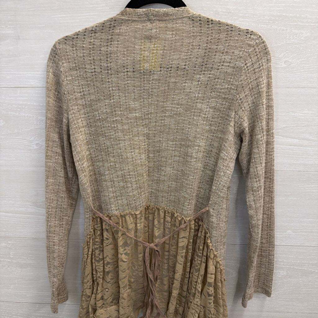 Altar'd State Brown Textured Knit Lace Hem Open Front Top Medium