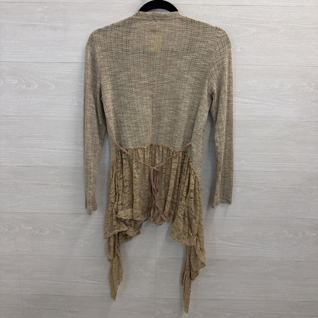 Altar'd State Brown Textured Knit Lace Hem Open Front Top Medium