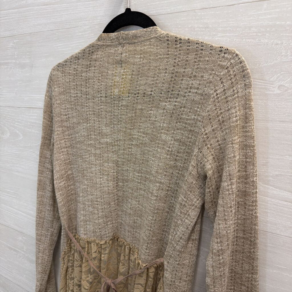 Altar'd State Brown Textured Knit Lace Hem Open Front Top Medium