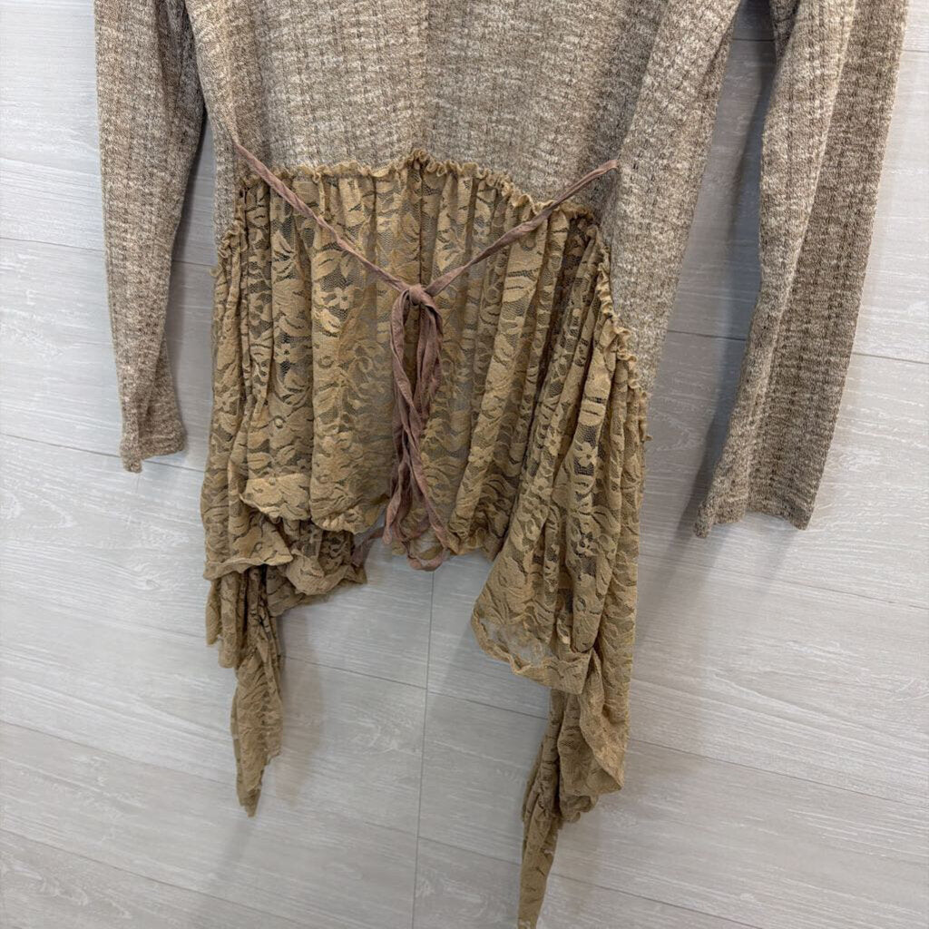 Altar'd State Brown Textured Knit Lace Hem Open Front Top Medium