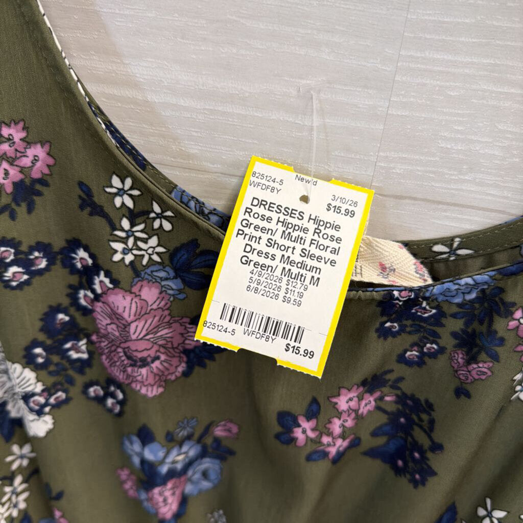 Hippie Rose Green/ Multi Floral Print Short Sleeve Dress Medium