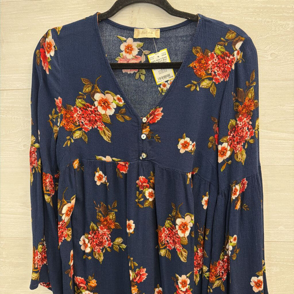 Altar'd State Blue/ Multi Floral Print Long Sleeve Tunic Top Large